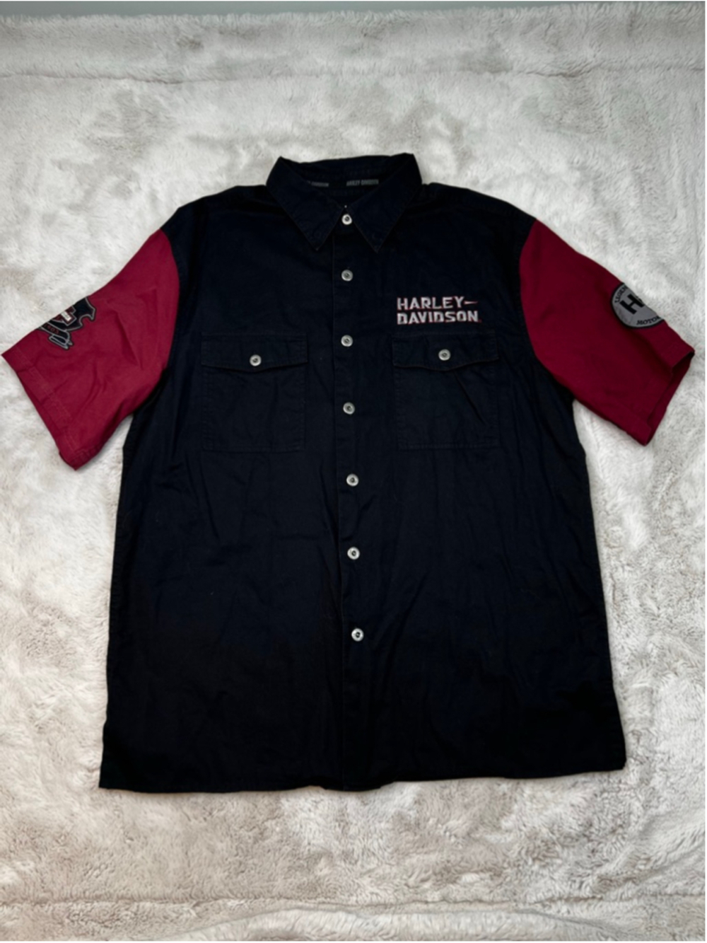 Harley Davidson Casual Button Down Shirt Mens Size Medium Black Red Embroidered